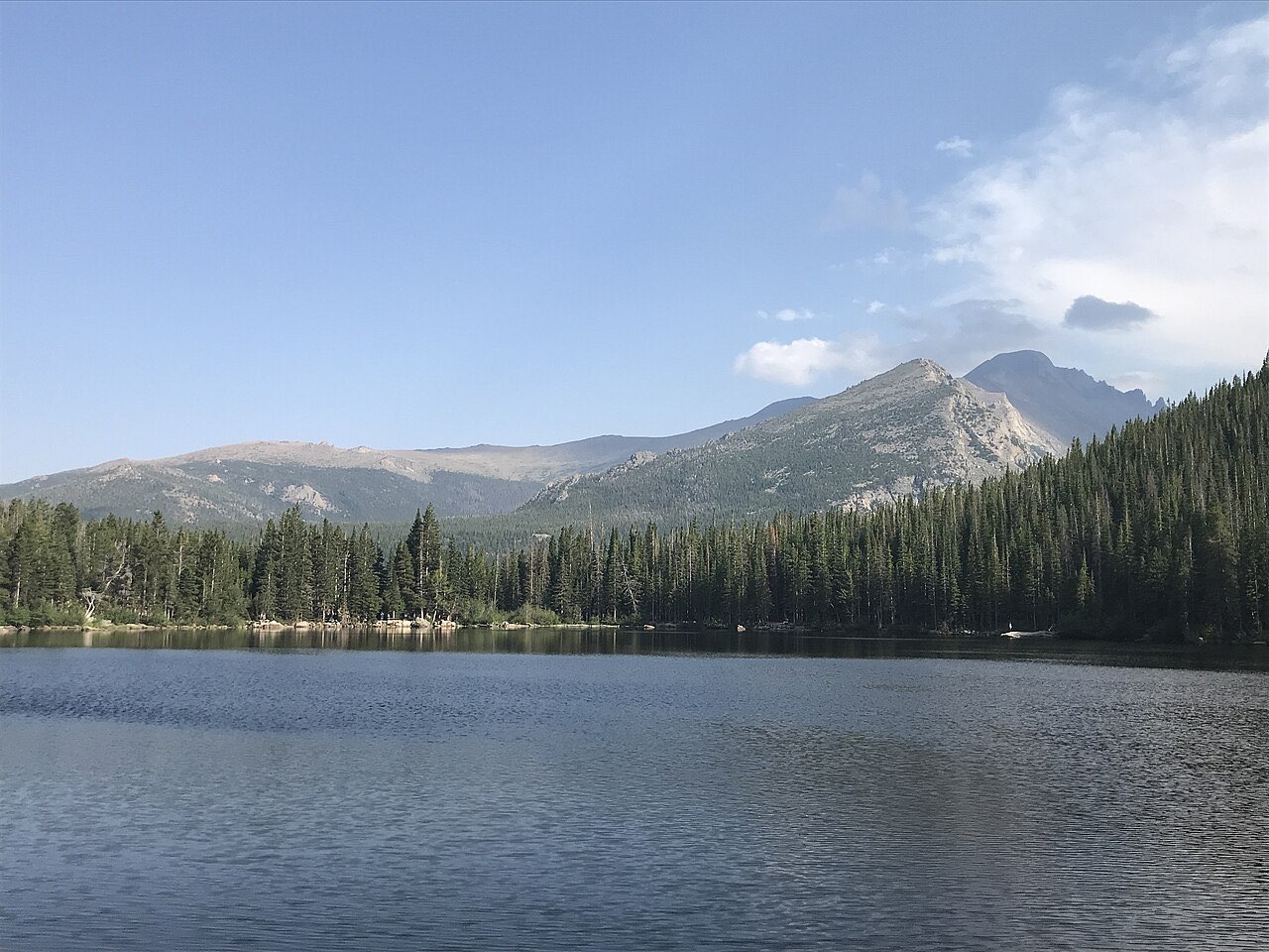 Bear Lake in Rocky Mountain National Park with pine forest and bare grey peaks behind it